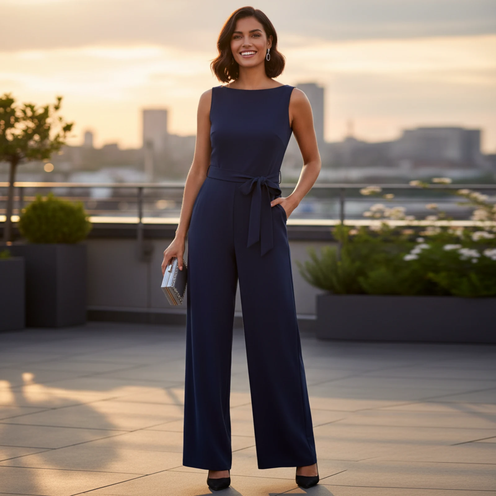Eleganter Jumpsuit mit betonter Taille vor nächtlicher Skyline Eleganter Jumpsuit mit betonter Taille vor nächtlicher Skyline