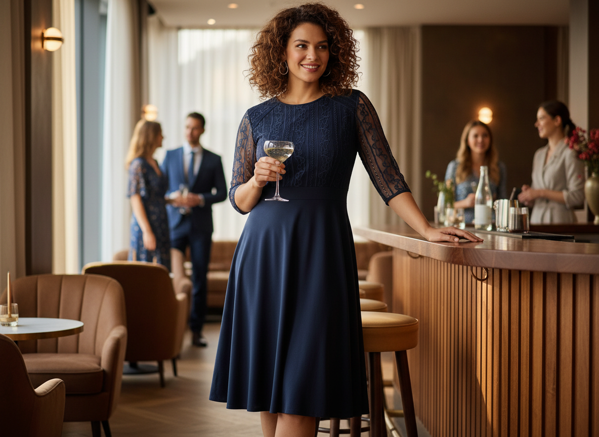 Stilvolle Frau auf einer abendlichen Terrasse mit urbanem Lichterglanz