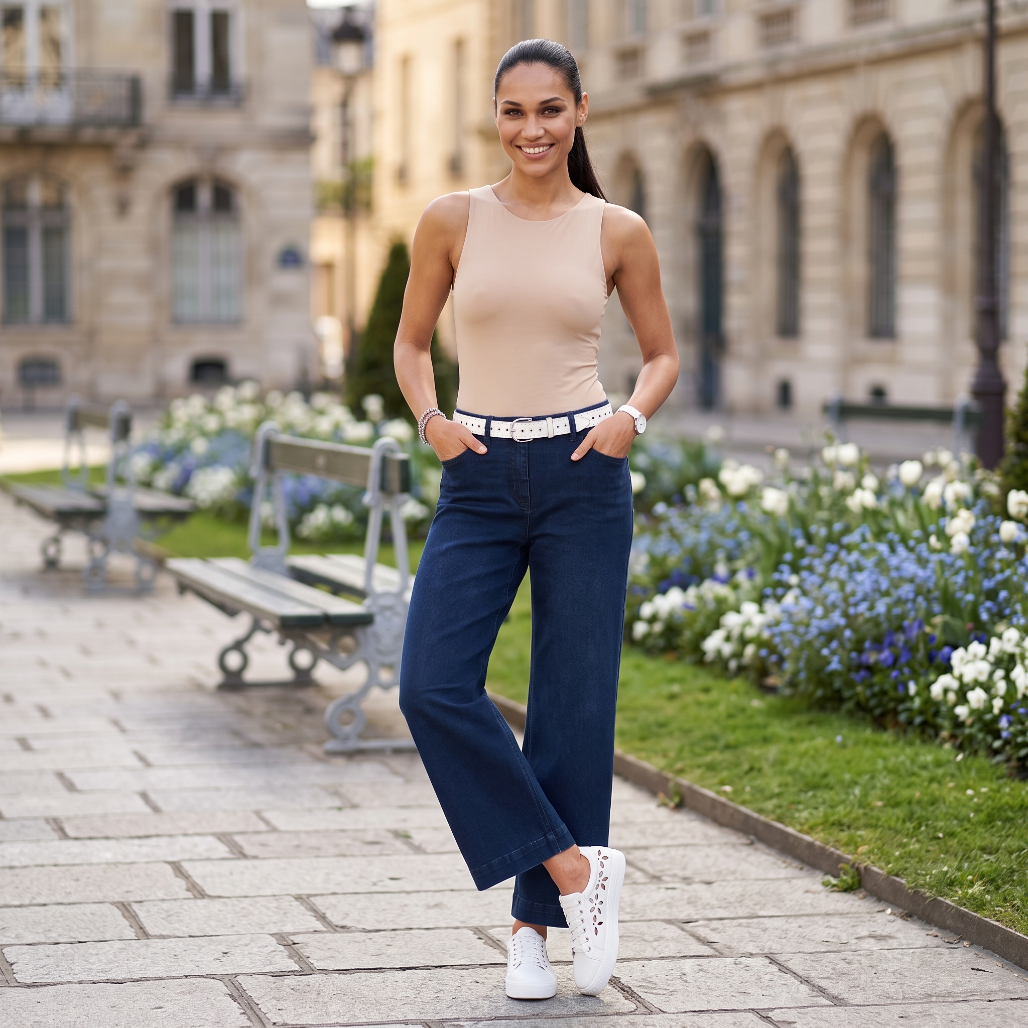 Dunkelblaue Straight-Jeans mit hellem Feinstrickpullover