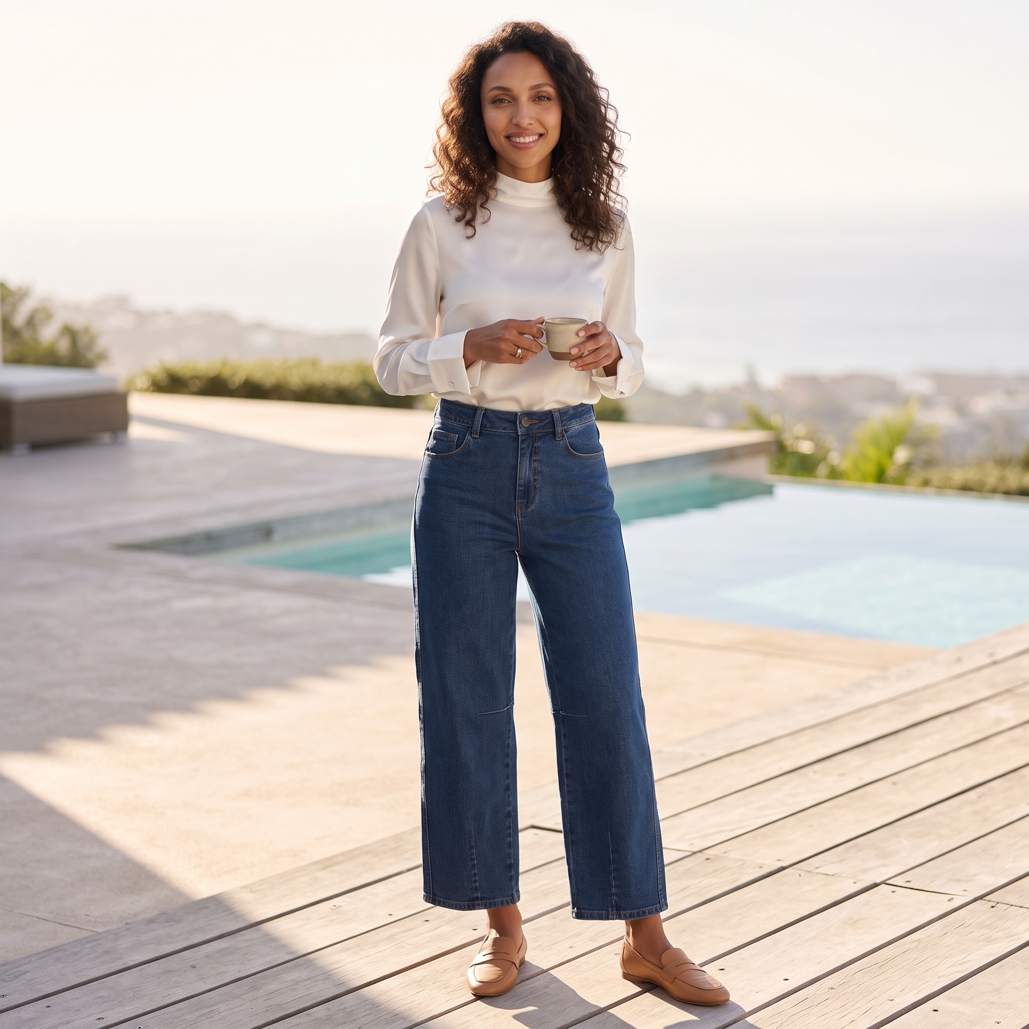 Dunkelblaue Jeans mit fließender Bluse und eleganten Schuhen