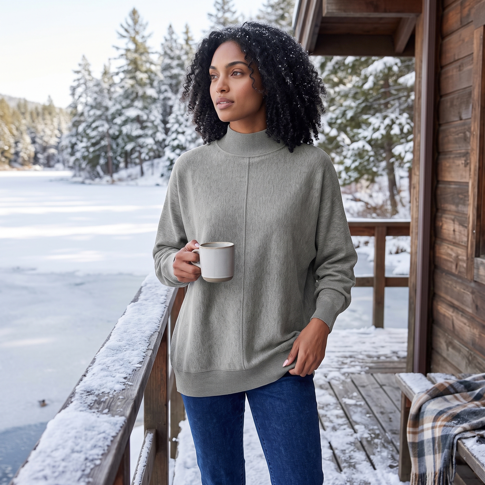 Dunkelblaue Jeans mit winterlichem Strick und Wollmantel