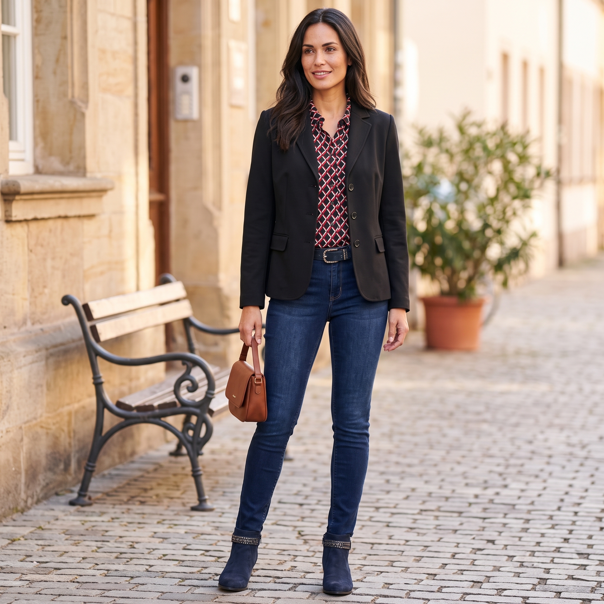 Dunkelblaue Jeans mit edlem Blazer in einer stilvollen Restaurantkulisse
