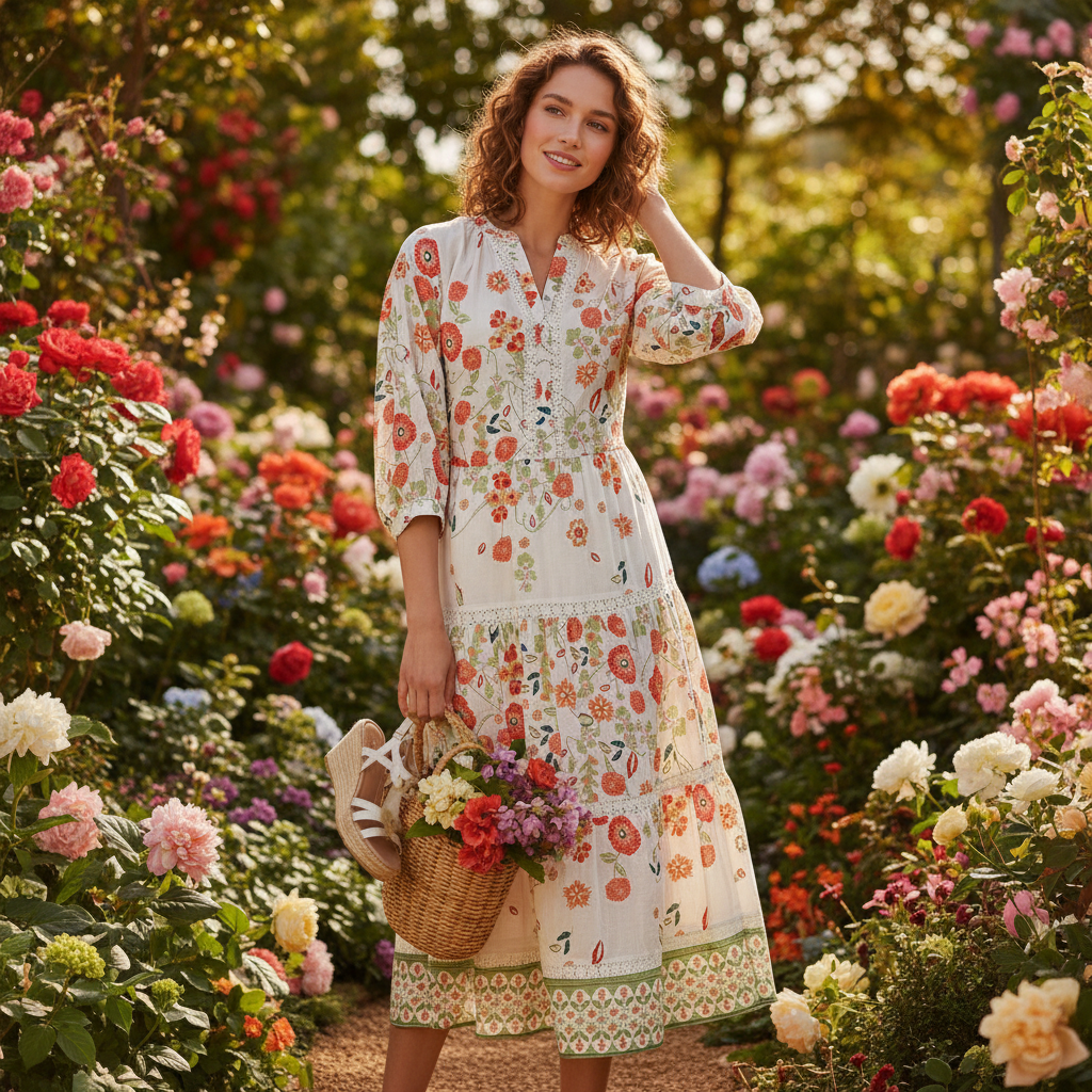 Elegantes Kleid mit Blumenprint bei einem Abendessen am Meer