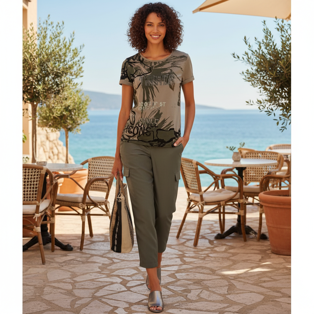Detailaufnahme eines eleganten Freizeitshirts mit femininem Ausschnitt