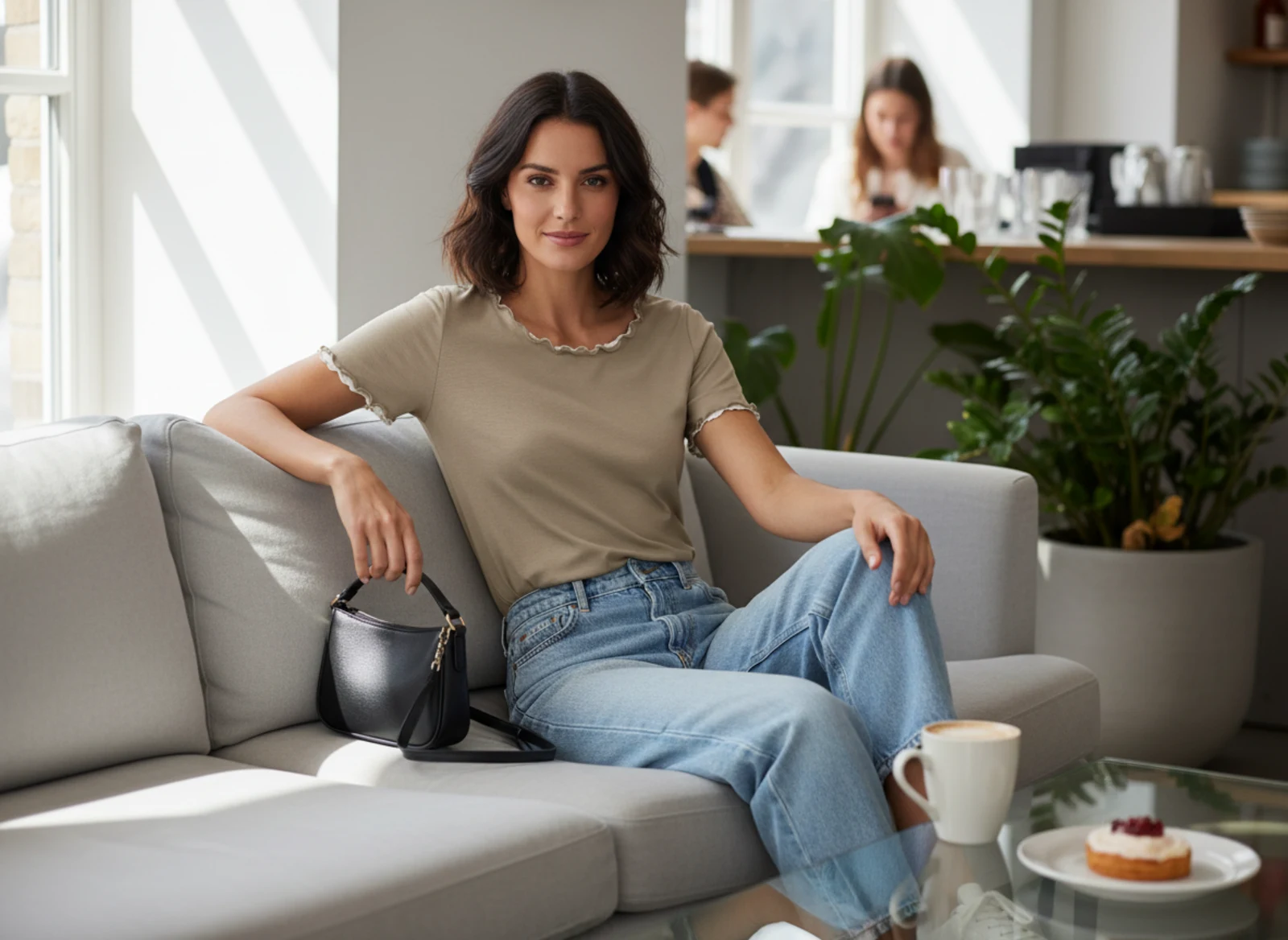 Stilvolles Freizeitoutfit auf einer sonnigen Terrasse mit eleganter, entspannter Ausstrahlung Stilvolles Freizeitoutfit auf einer sonnigen Terrasse mit eleganter, entspannter Ausstrahlung
