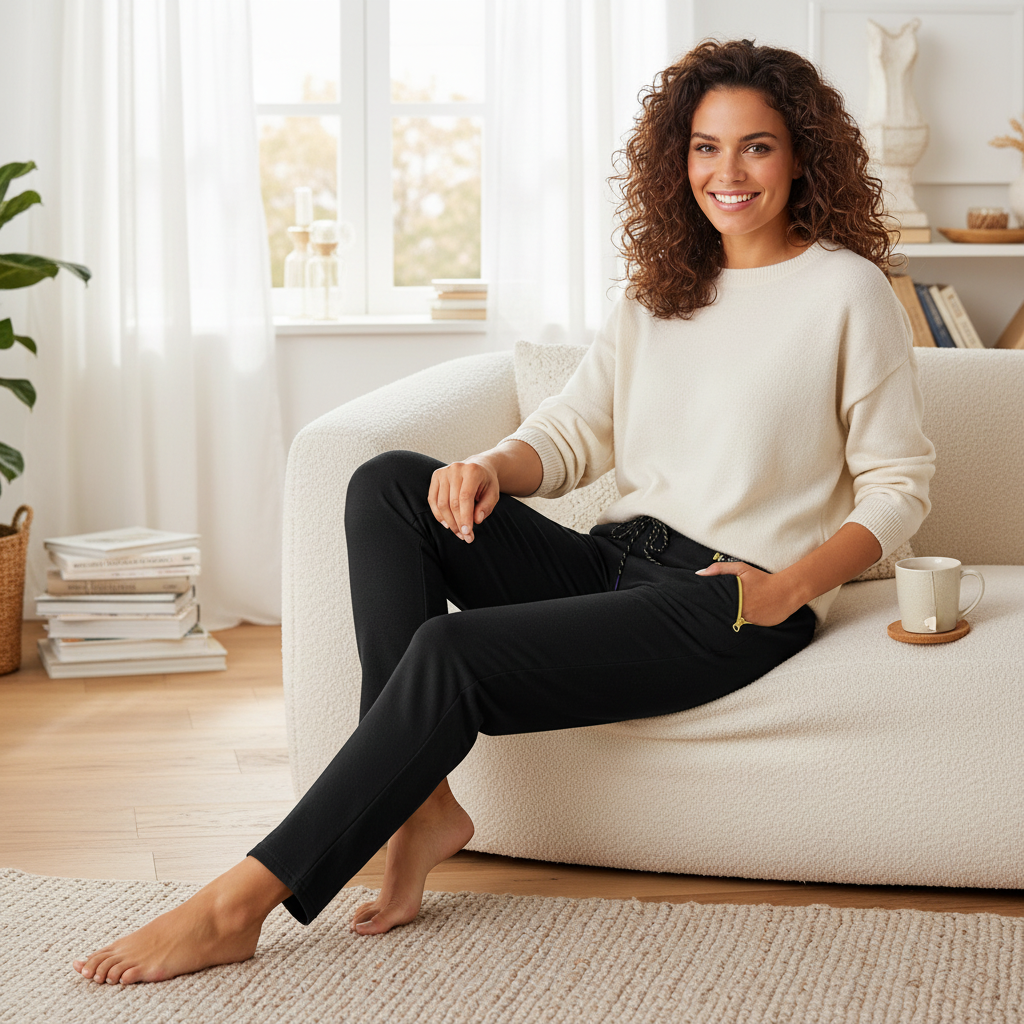 Femininer Homewear-Look in sanften Naturtönen auf einem Sofa