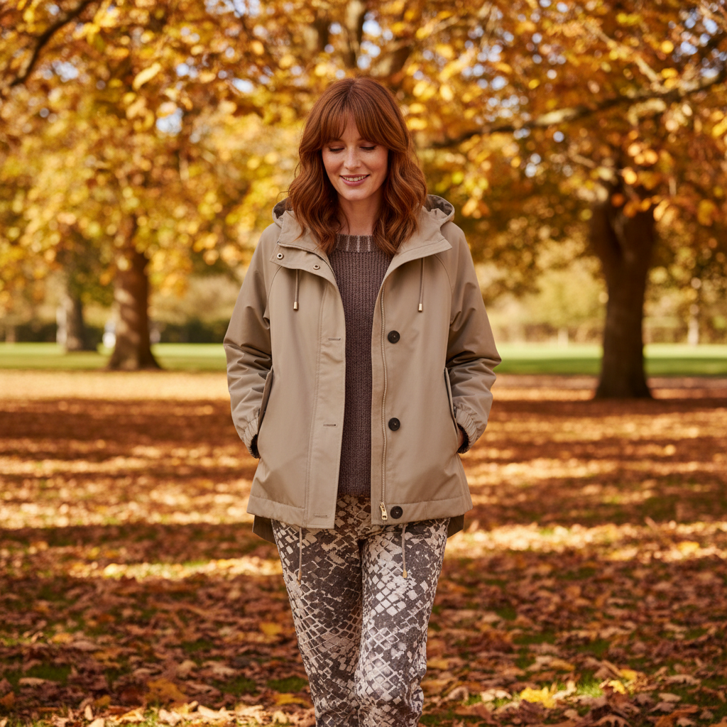 Moderne Übergangsjacke mit feinem Strickpullover und herbstlicher Landschaft