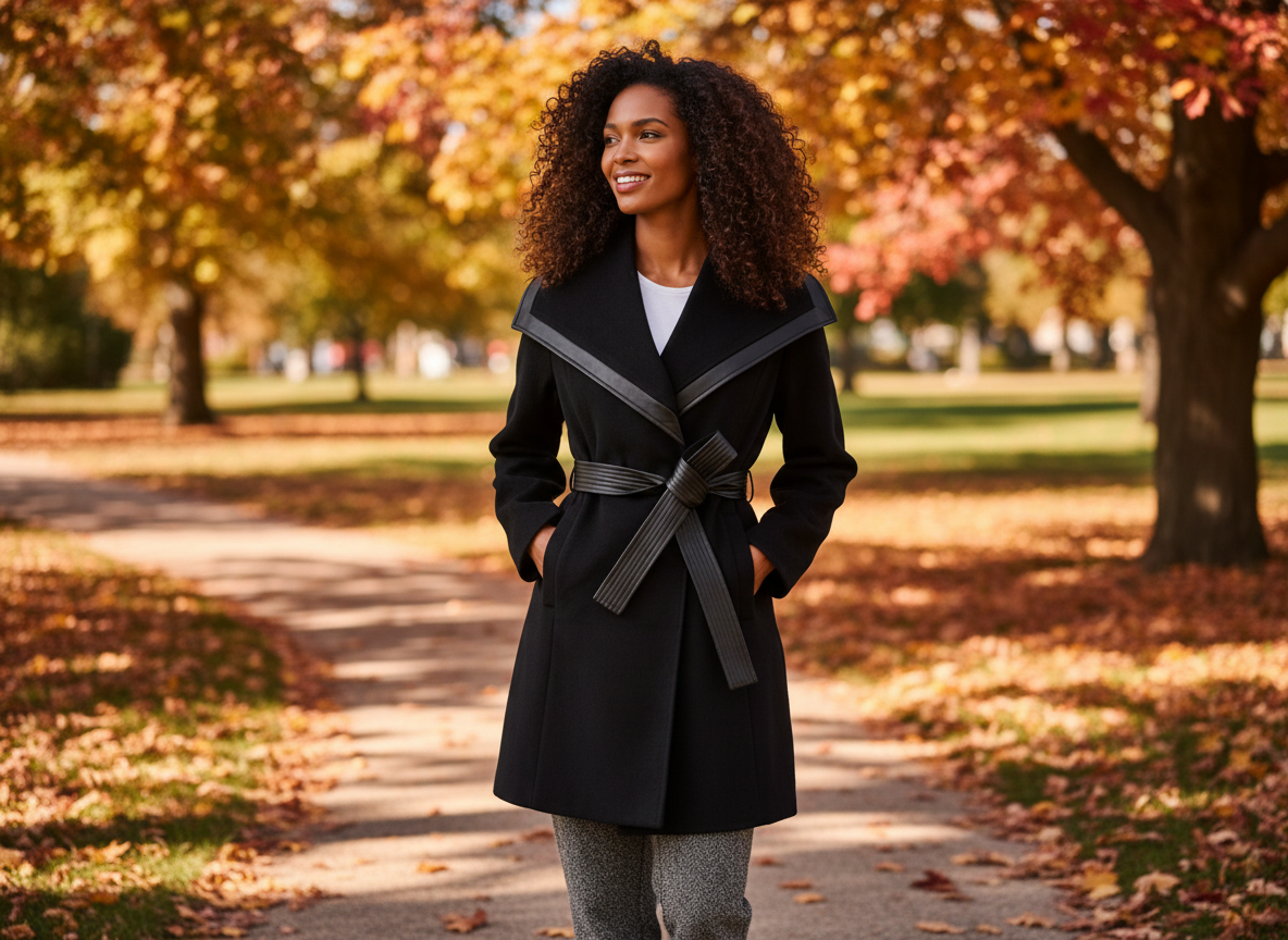 Stilvolle Herbstszene im warmen Abendlicht mit femininem Look, Laub und goldenen Farbtönen