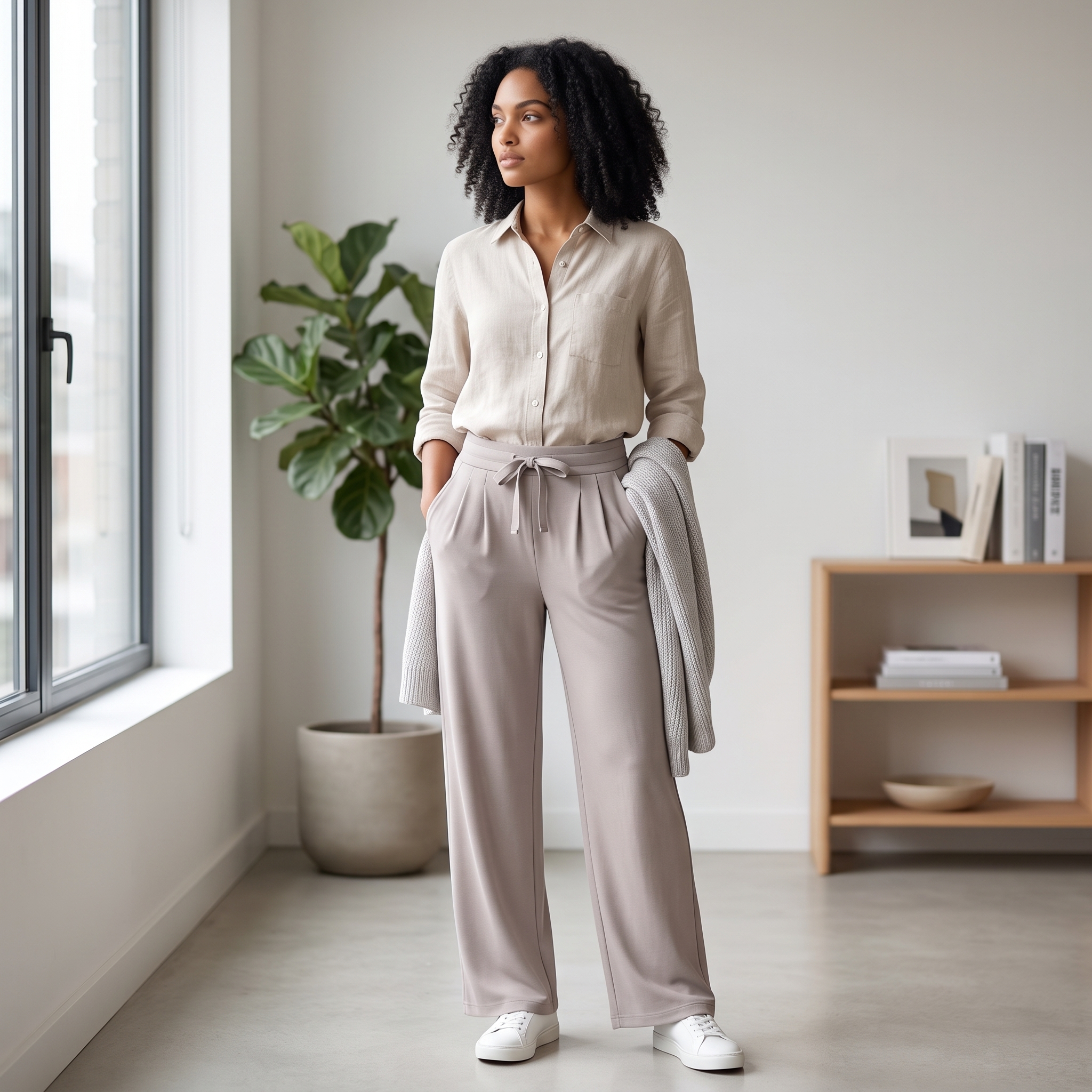 Detailaufnahme einer grauen Hose mit hochwertiger Stoffstruktur