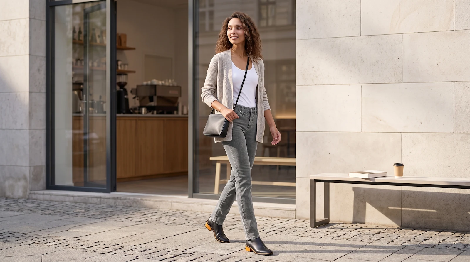 Femininer Look mit grauer Hose in einer hellen Stadtpassage Femininer Look mit grauer Hose in einer hellen Stadtpassage