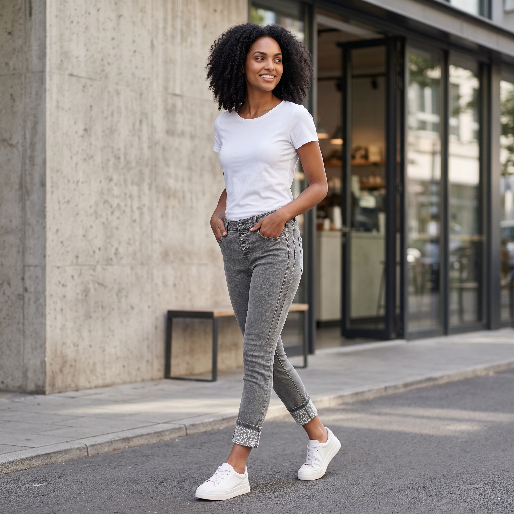 Damenlook mit schmaler grauer Jeans und fließendem Oberteil