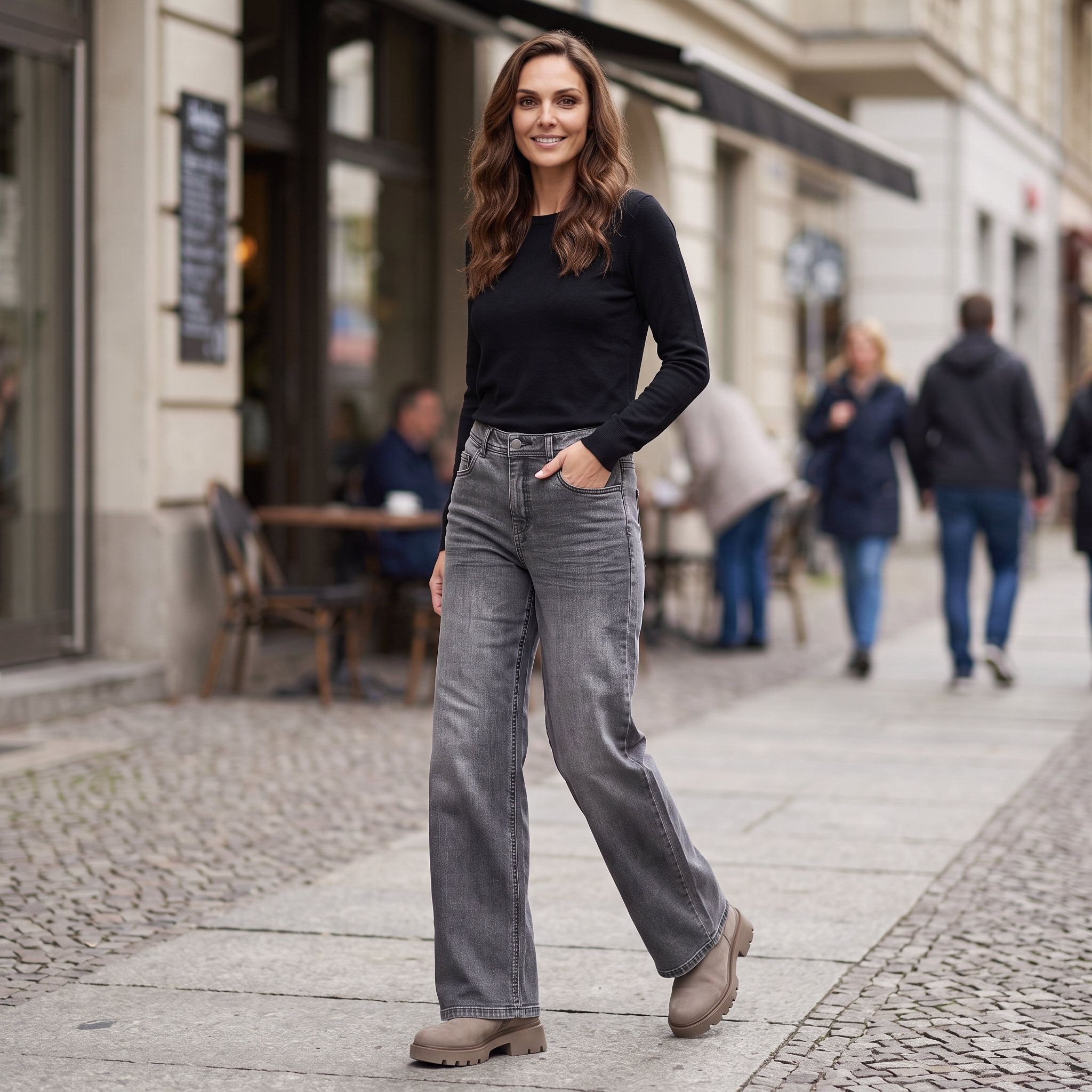 Graue Jeans im urbanen Stil mit femininem Oberteil
