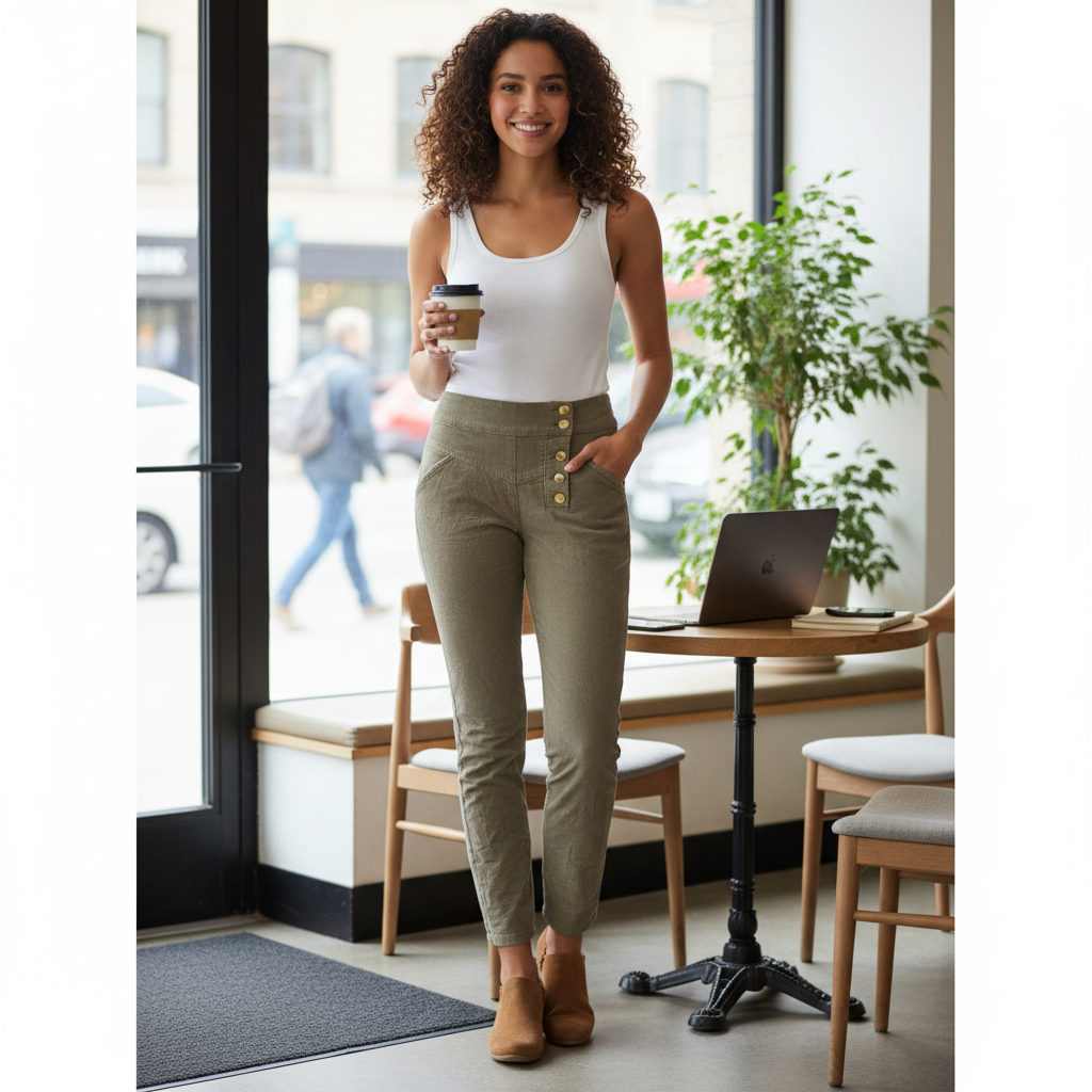 Elegante grüne Hose mit fließendem Oberteil im Büro