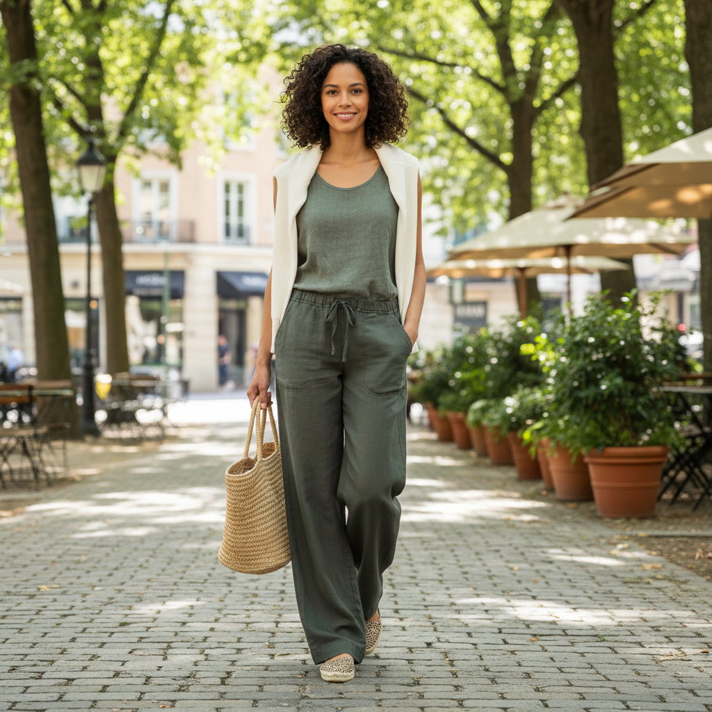 Lässige grüne Hose mit feinem Strick beim Stadtbummel