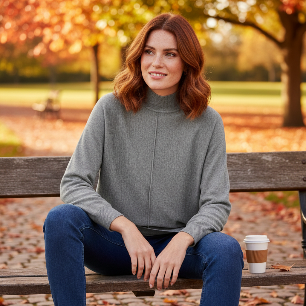 Beerenfarbener Feinstrickpullover auf hellem Sessel