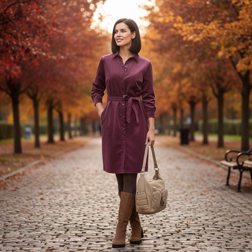 Herbstfarbenes Kleid mit floralem Dessin in einer stilvollen Altstadtkulisse