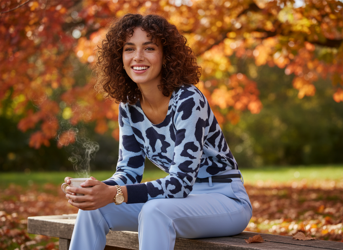 Femininer Herbstlook in warmen Farbtönen vor einer goldenen Parkkulisse