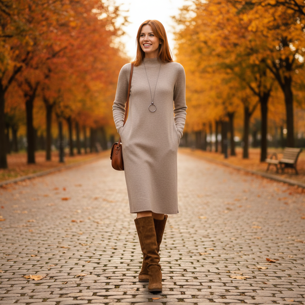Kleid in warmem Rostton mit strukturierter Oberfläche vor herbstlichem Laub