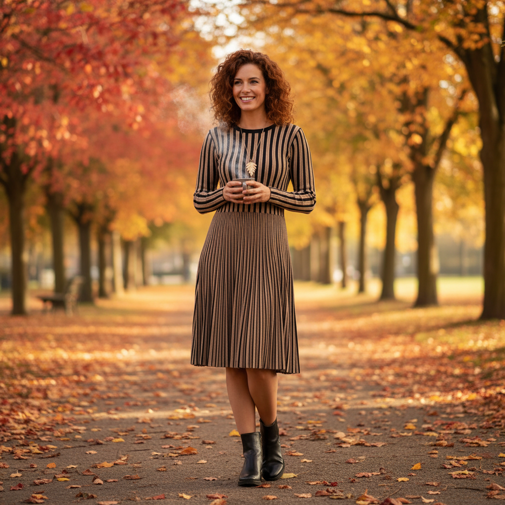 Elegantes Kleid in Dunkelgrün mit feinen Accessoires und natürlicher Herbstkulisse