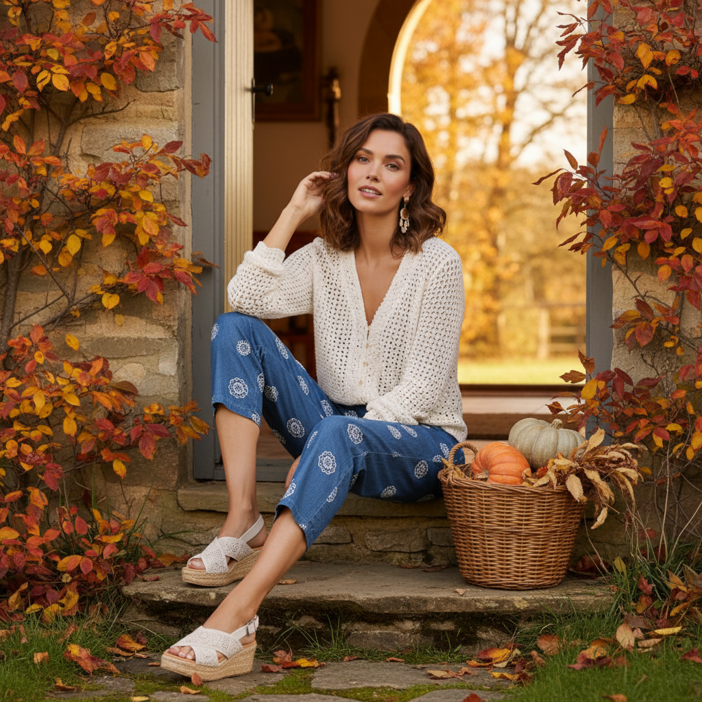 Langes Kleid mit kurzer Strickjacke in einer stilvollen Pariser Herbstszene