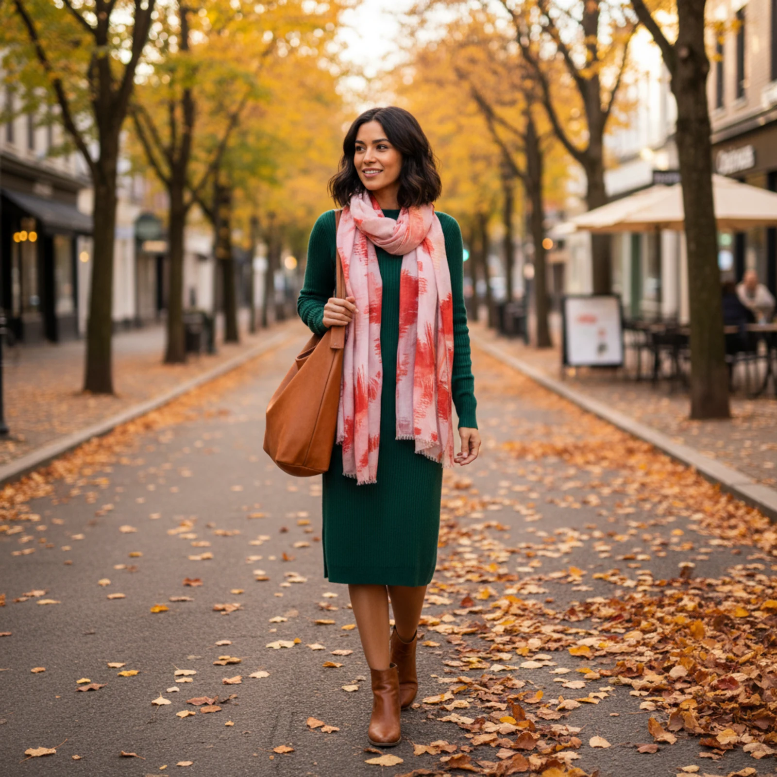 Herbstkleid mit Ledergürtel, Tuch und strukturierter Tasche auf einer stilvollen Terrasse Herbstkleid mit Ledergürtel, Tuch und strukturierter Tasche auf einer stilvollen Terrasse