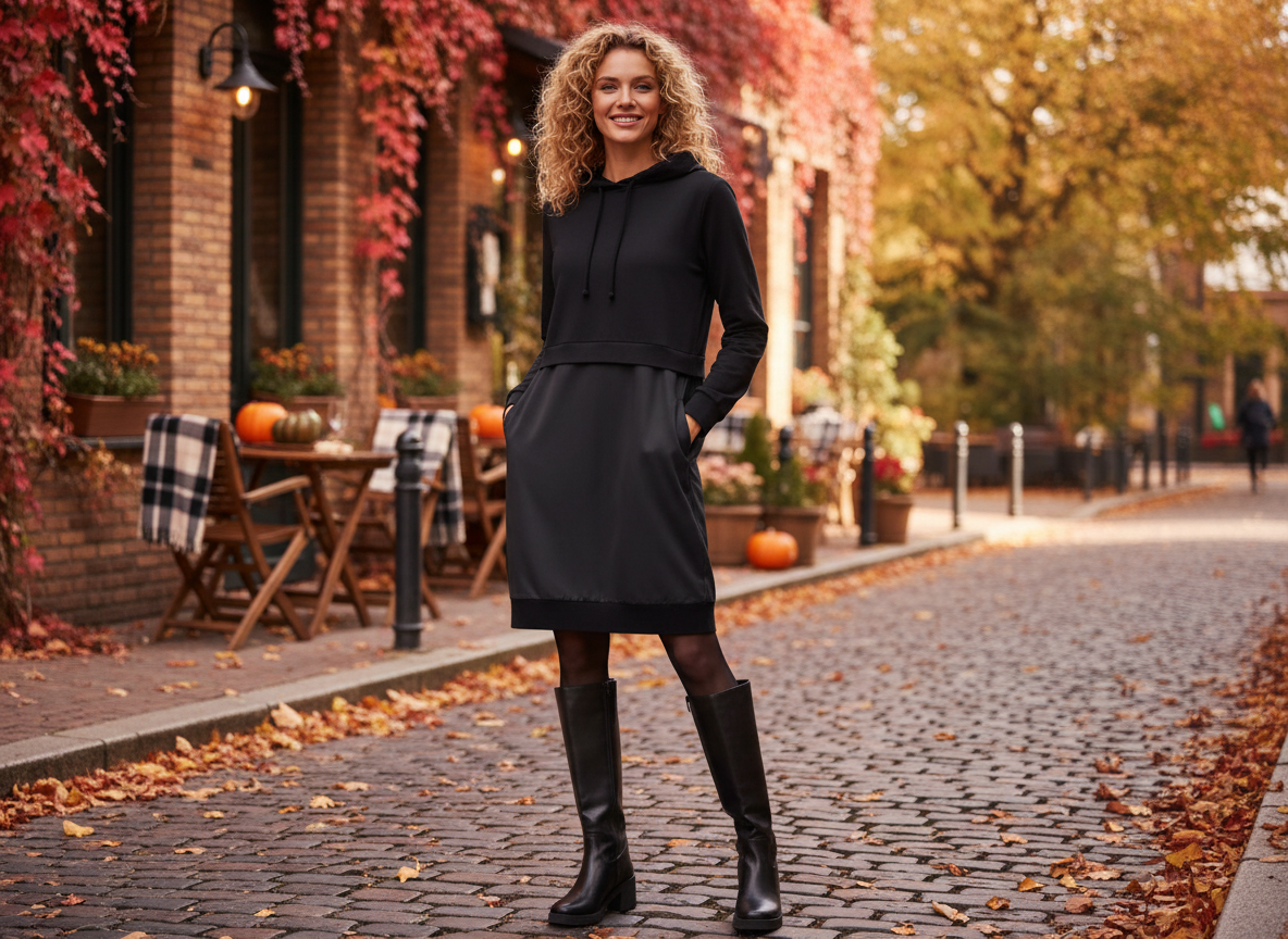 Femininer Herbstlook mit Kleid in einer urbanen Altstadt, warmes Licht und stilvolle Übergangsstimmung