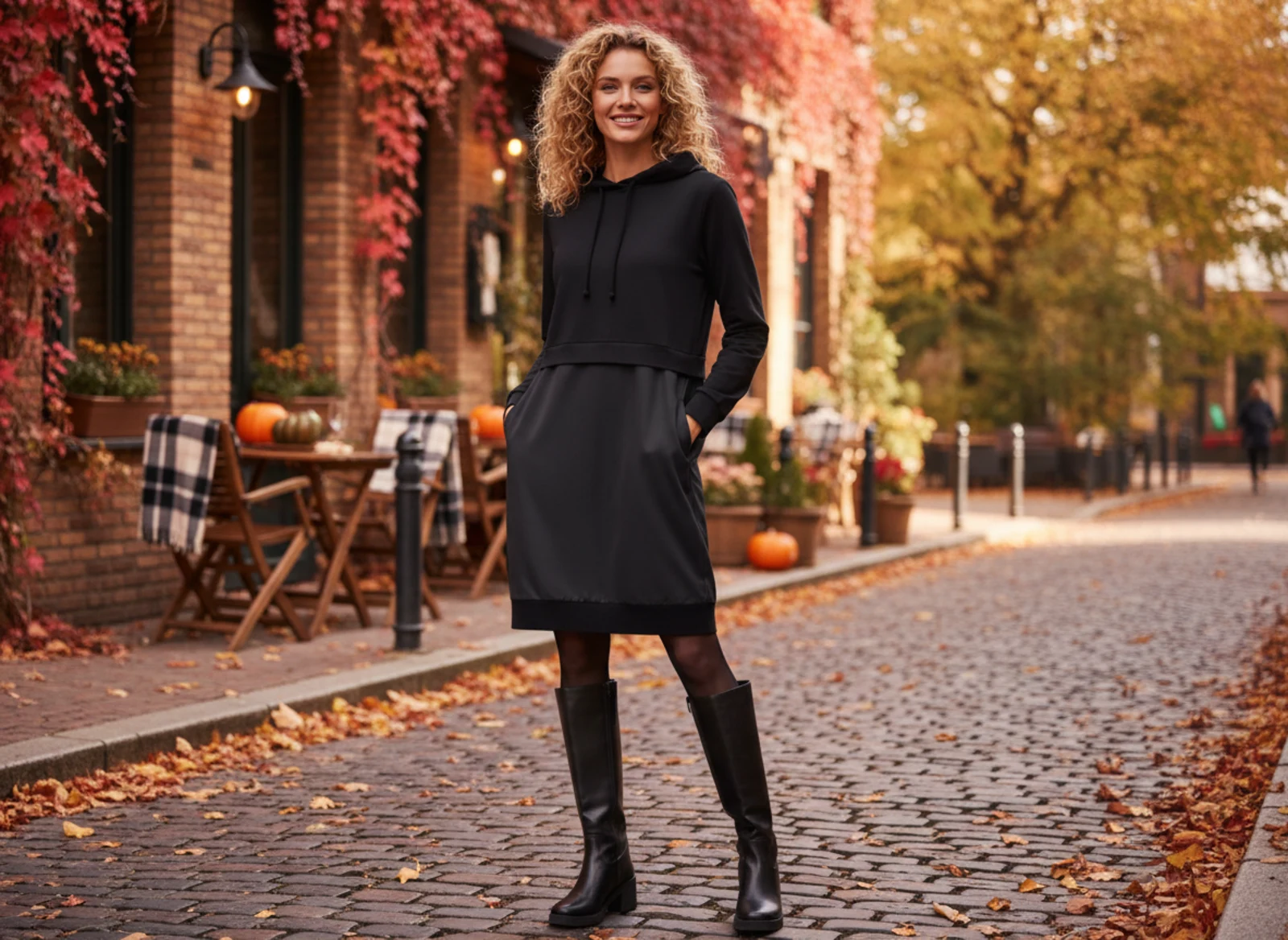 Femininer Herbstlook mit Kleid in einer urbanen Altstadt, warmes Licht und stilvolle Übergangsstimmung Femininer Herbstlook mit Kleid in einer urbanen Altstadt, warmes Licht und stilvolle Übergangsstimmung