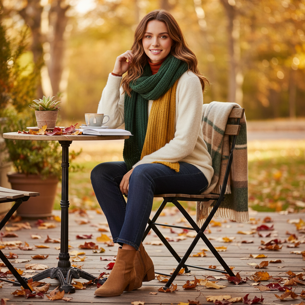 Weiter Pullover über einer sichtbaren Blusenlage in warmen Herbstfarben