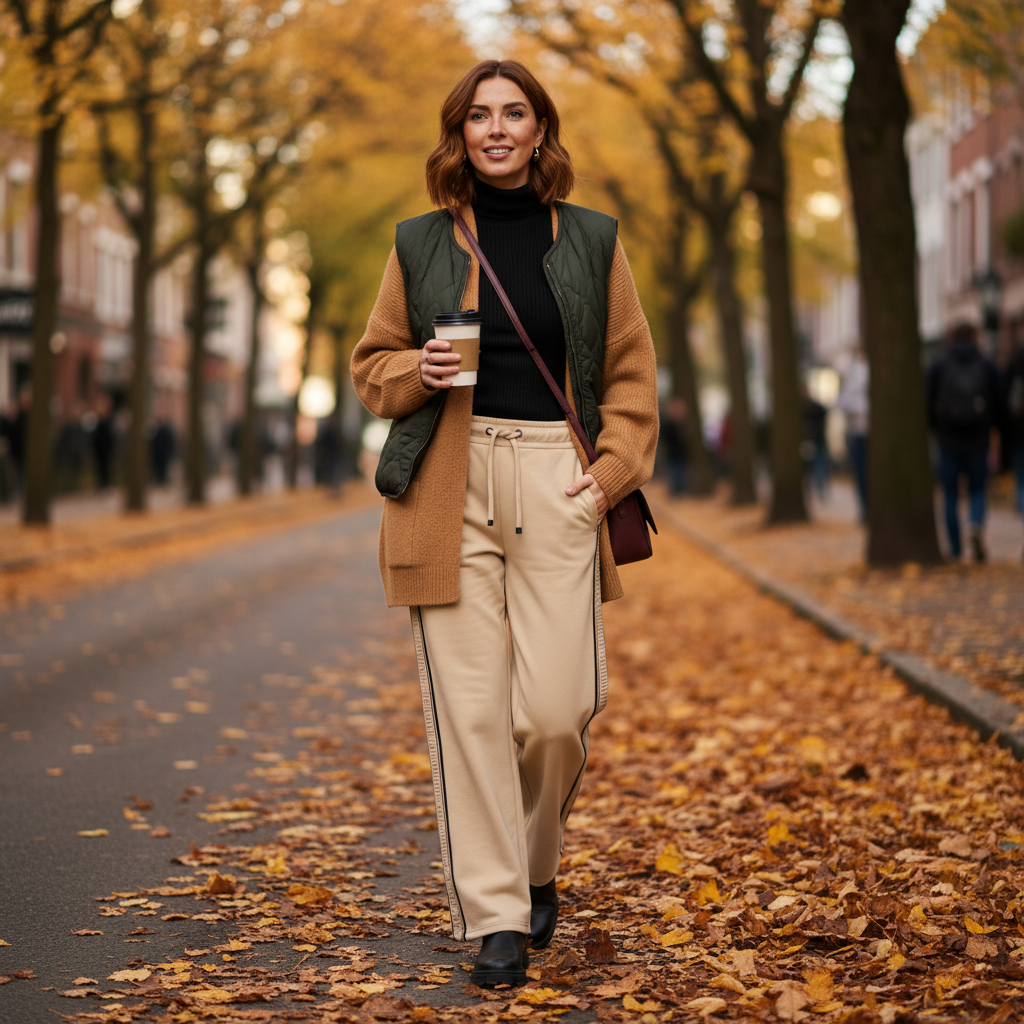 Weit fallende Stoffhose mit abgestimmten Oberteilen und Stiefeletten