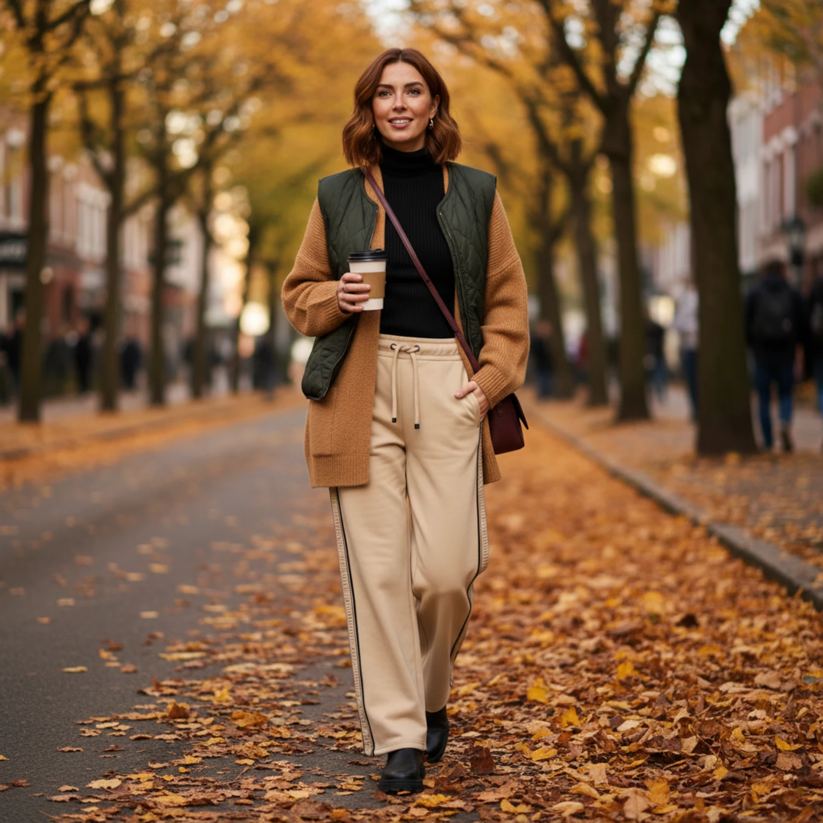 Weit fallende Stoffhose mit abgestimmten Oberteilen und Stiefeletten Weit fallende Stoffhose mit abgestimmten Oberteilen und Stiefeletten