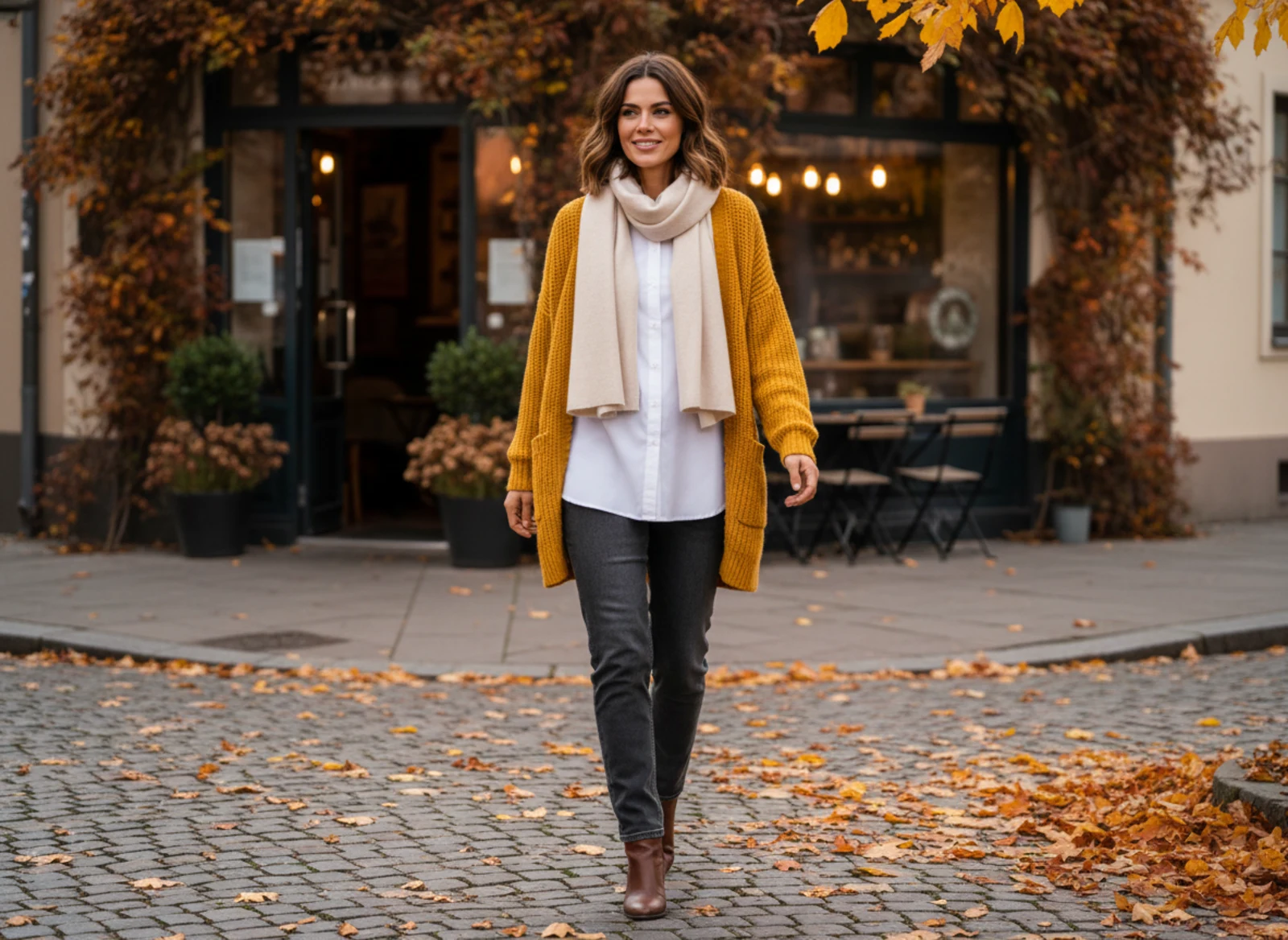 Frau in einem harmonischen Herbst-Lagenlook bei einem Stadtbummel Frau in einem harmonischen Herbst-Lagenlook bei einem Stadtbummel