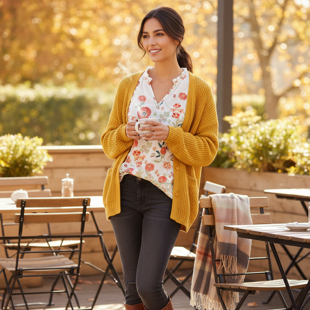Feminine Bluse in Rostrot zu schmaler Hose und dezentem Schmuck im Innenraum mit Tageslicht