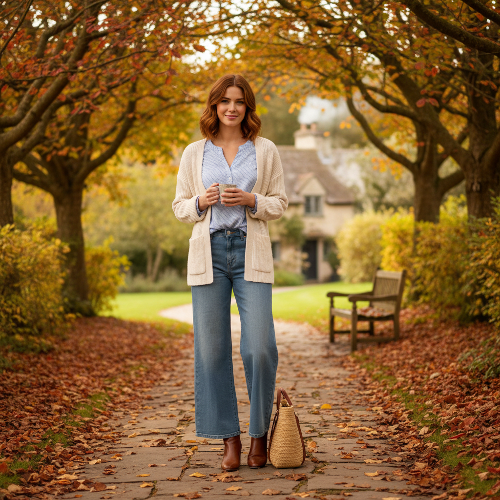 Feinstrickshirt in Creme unter Blazer in Camel bei elegantem Stadtcafé