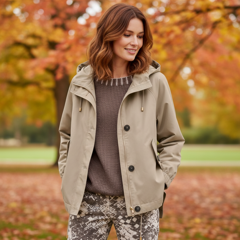 Leichte Steppjacke in Taupe über Strick und Stoffhose im goldenen Herbstlicht