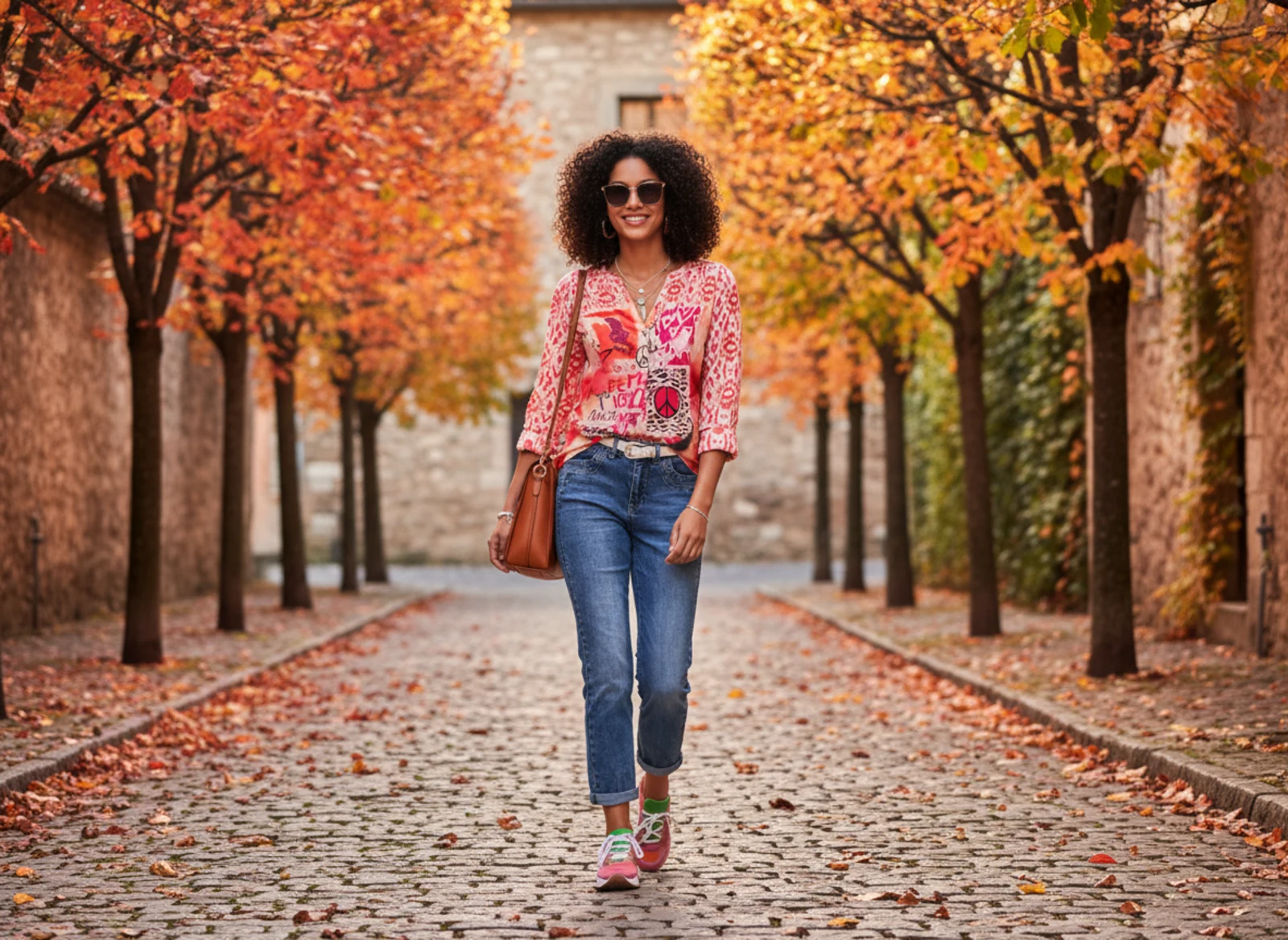 Eleganter Herbstlook in warmen Naturtönen mit Strick, fließenden Stoffen und leichter Jacke bei urbanem Spaziergang Eleganter Herbstlook in warmen Naturtönen mit Strick, fließenden Stoffen und leichter Jacke bei urbanem Spaziergang