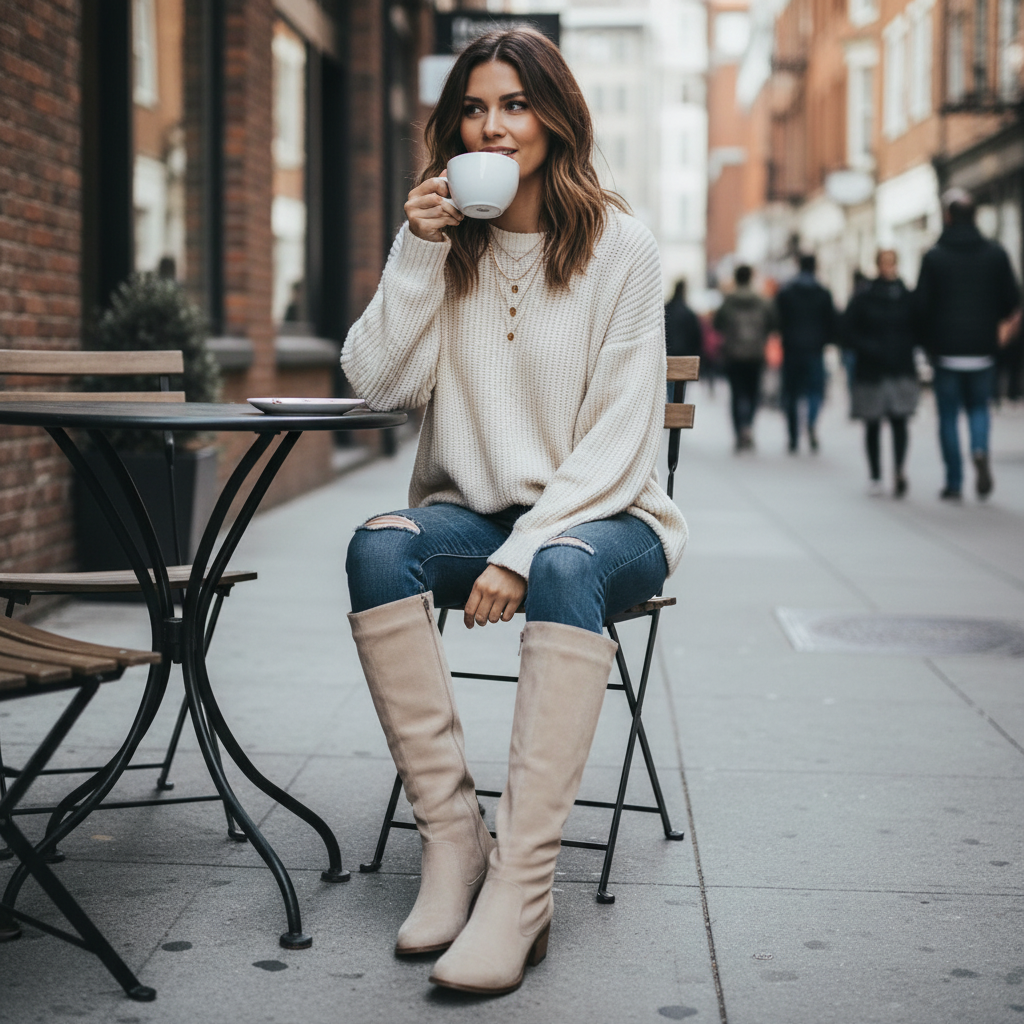 Schwarze hohe Stiefel mit schmalem Absatz und dunkler Jeans
