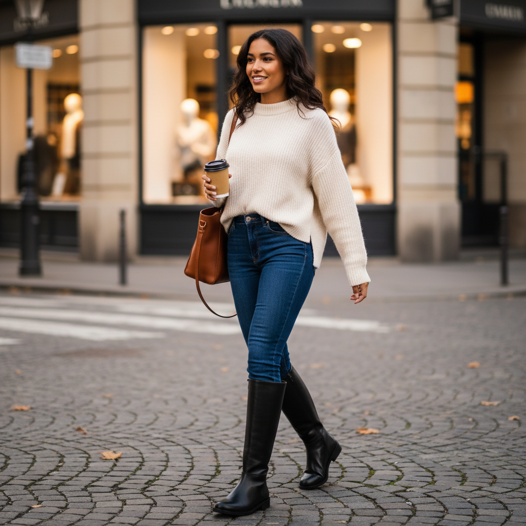 Braune hohe Stiefel mit flachem Absatz und lässigem Jeanslook