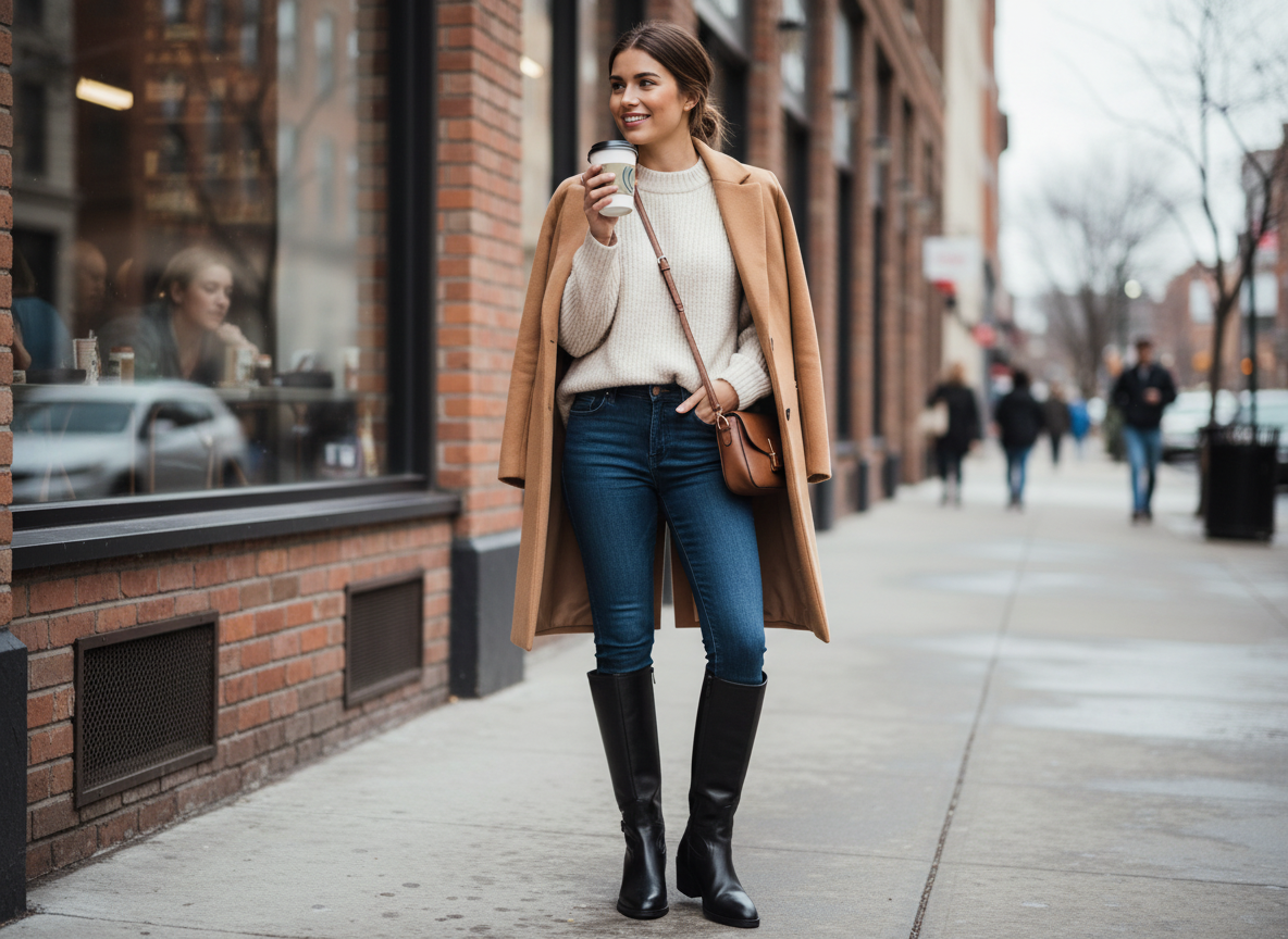 Femininer Herbstlook mit hohen Stiefeln, dunkler Jeans und weichem Strick vor urbaner Kulisse