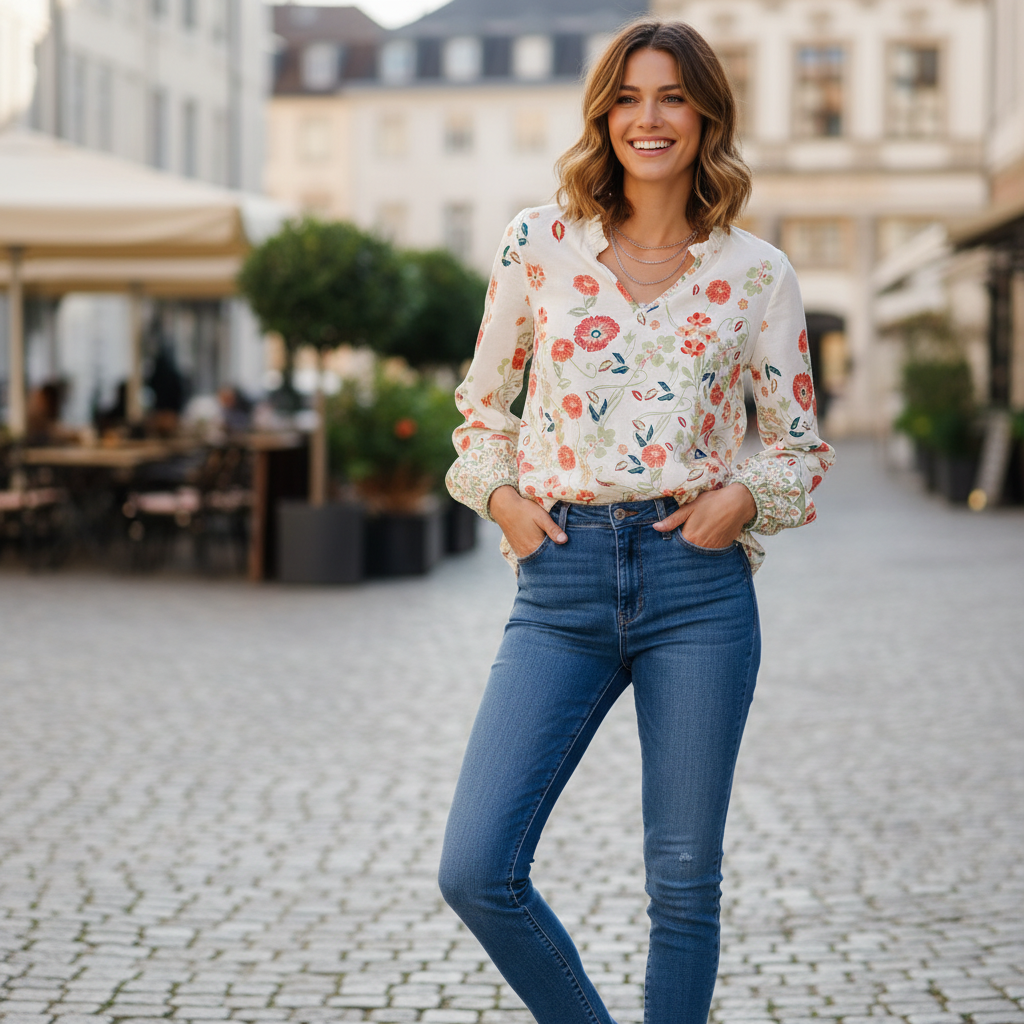Relaxed Denim-Outfit mit softer Strickstruktur und femininer Farbwelt