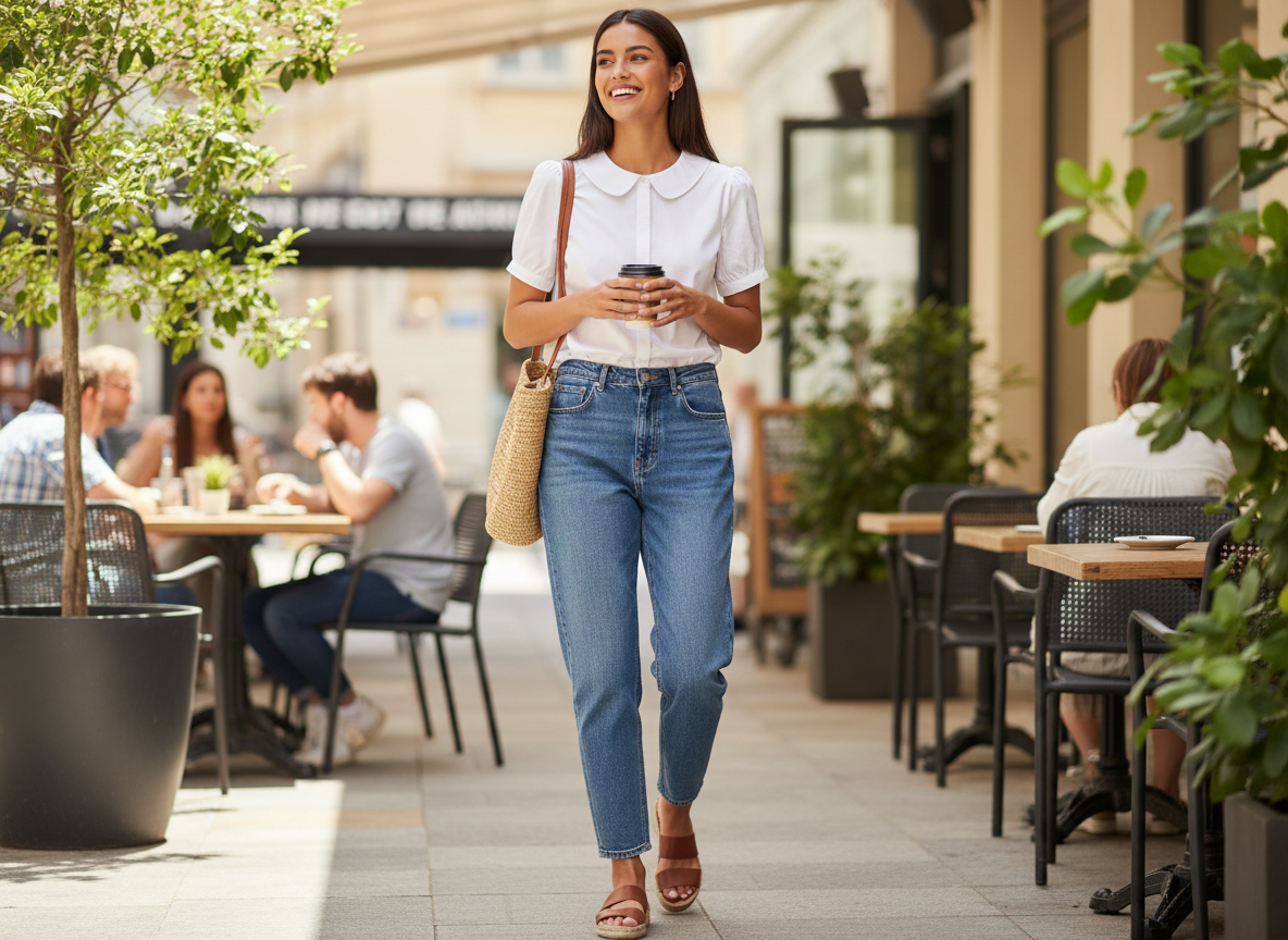 Femininer Denim-Look in heller Waschung mit weichem Strick und eleganten Details in urbaner Kulisse