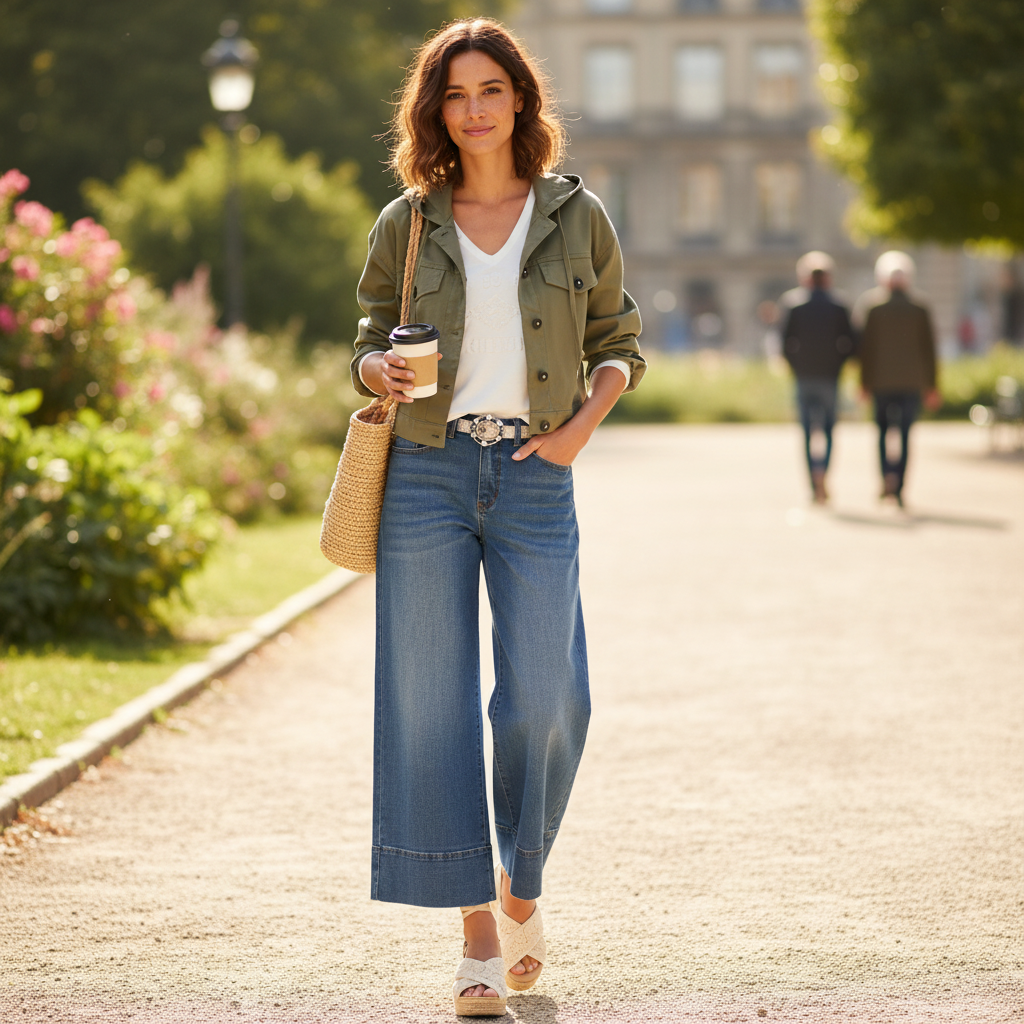 Dunkle Jeansjacke mit eleganter Stoffhose vor urbaner Kulisse