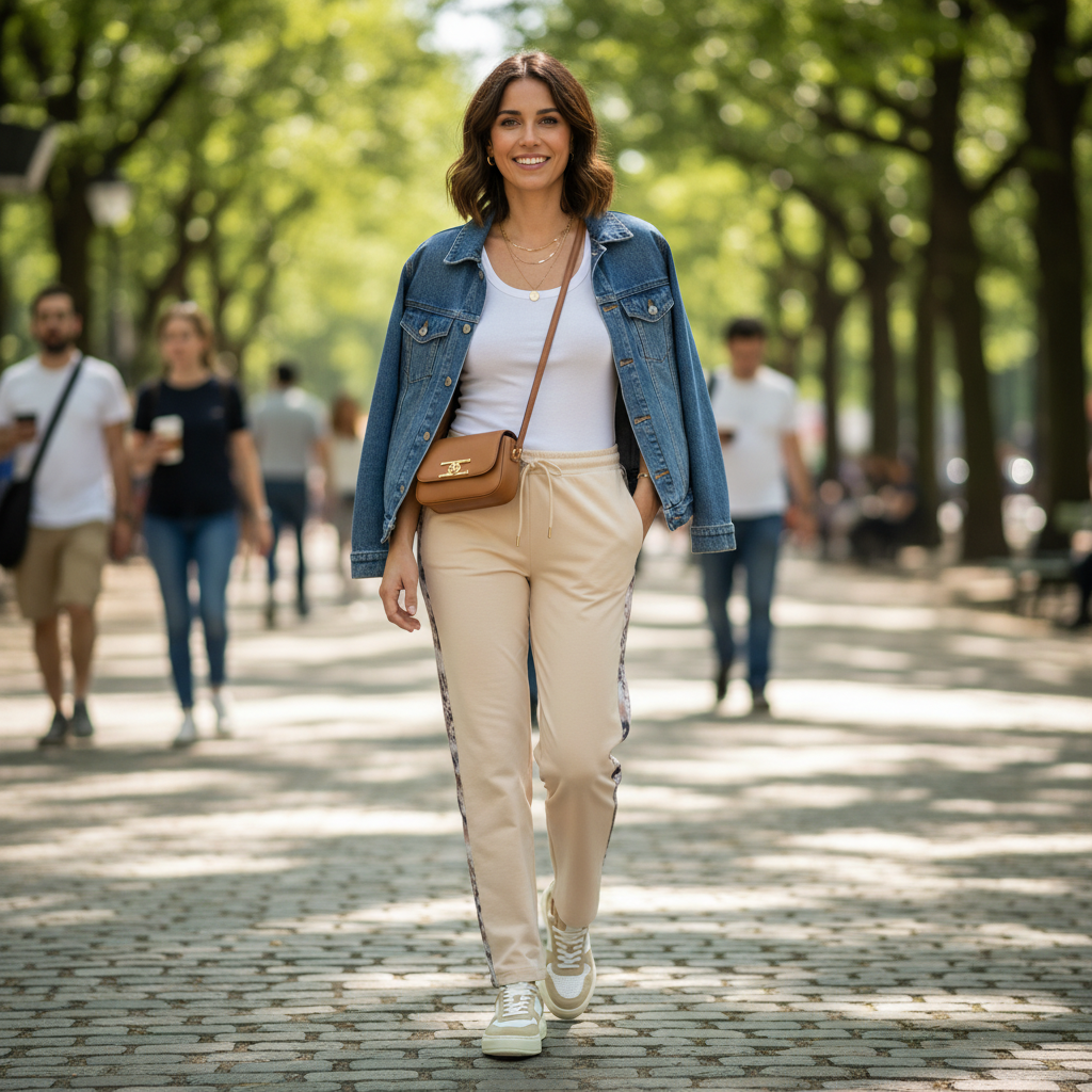 Frau in Jeansjacke und gerader Hose beim stilvollen Stadtbummel