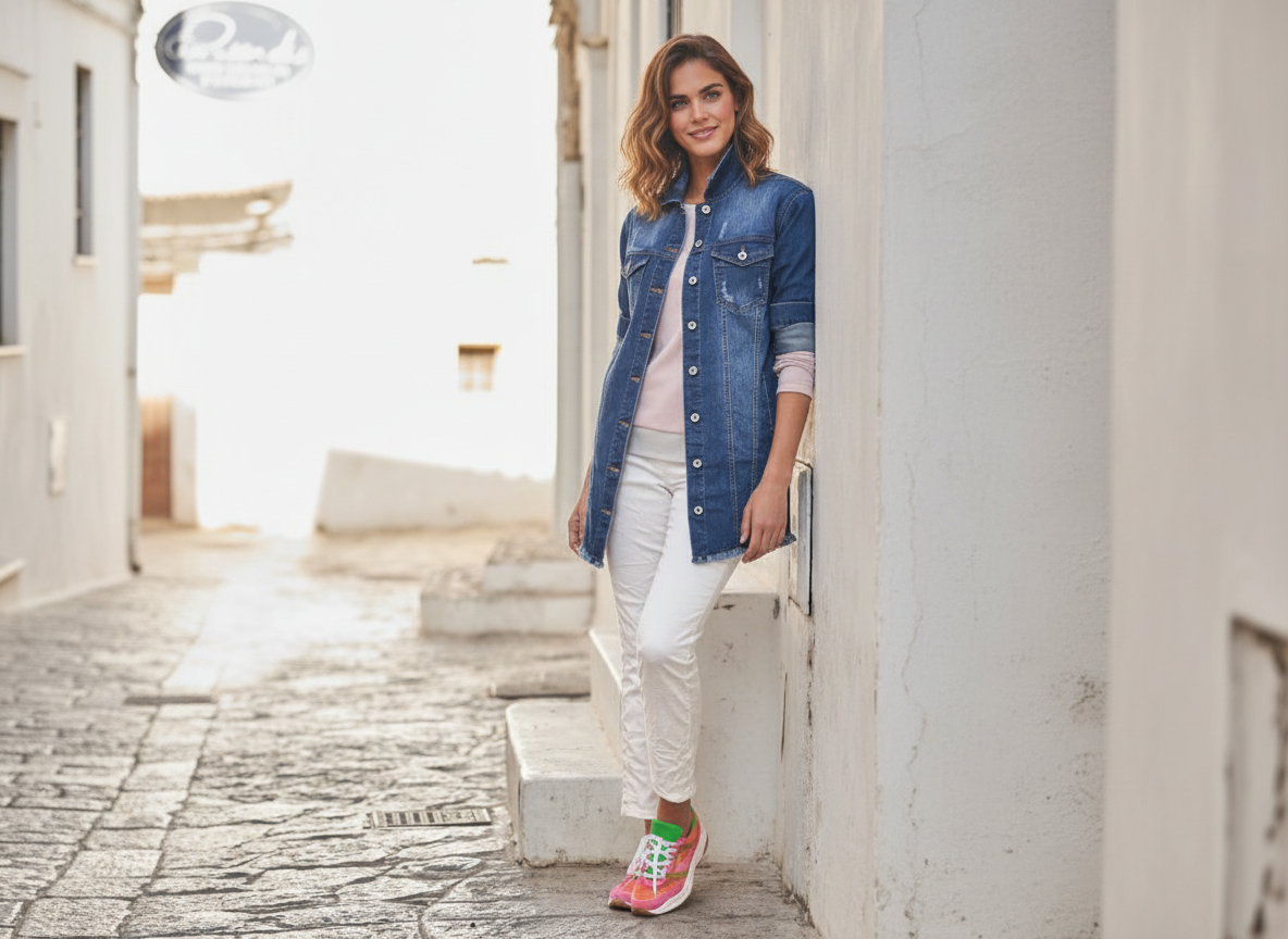Stilbewusste Frau in moderner Jeansjacke auf einer sonnigen Stadtpromenade