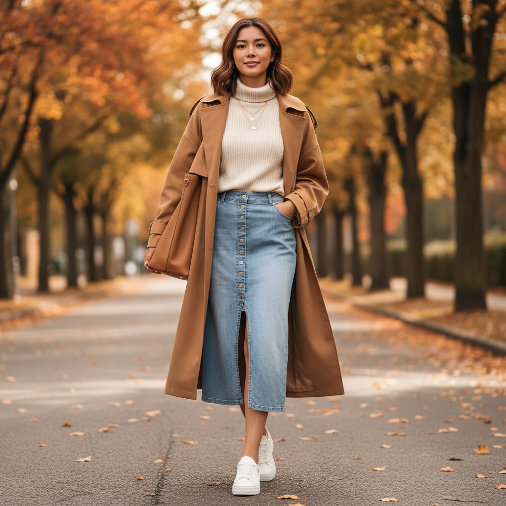 Dunkler Jeansrock mit cremefarbenem Oberteil im Herbstlicht