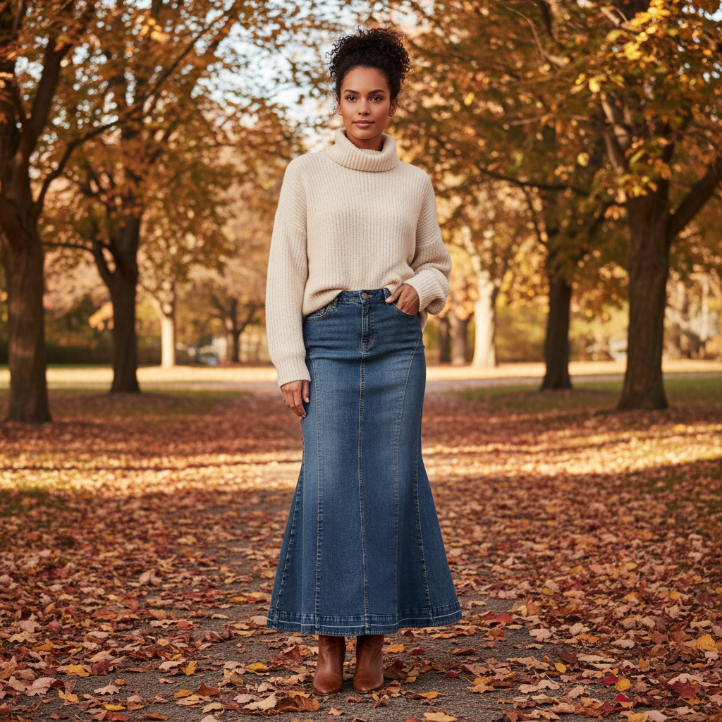 Blauer Jeansrock mit farbigem Herbstlook vor urbaner Kulisse