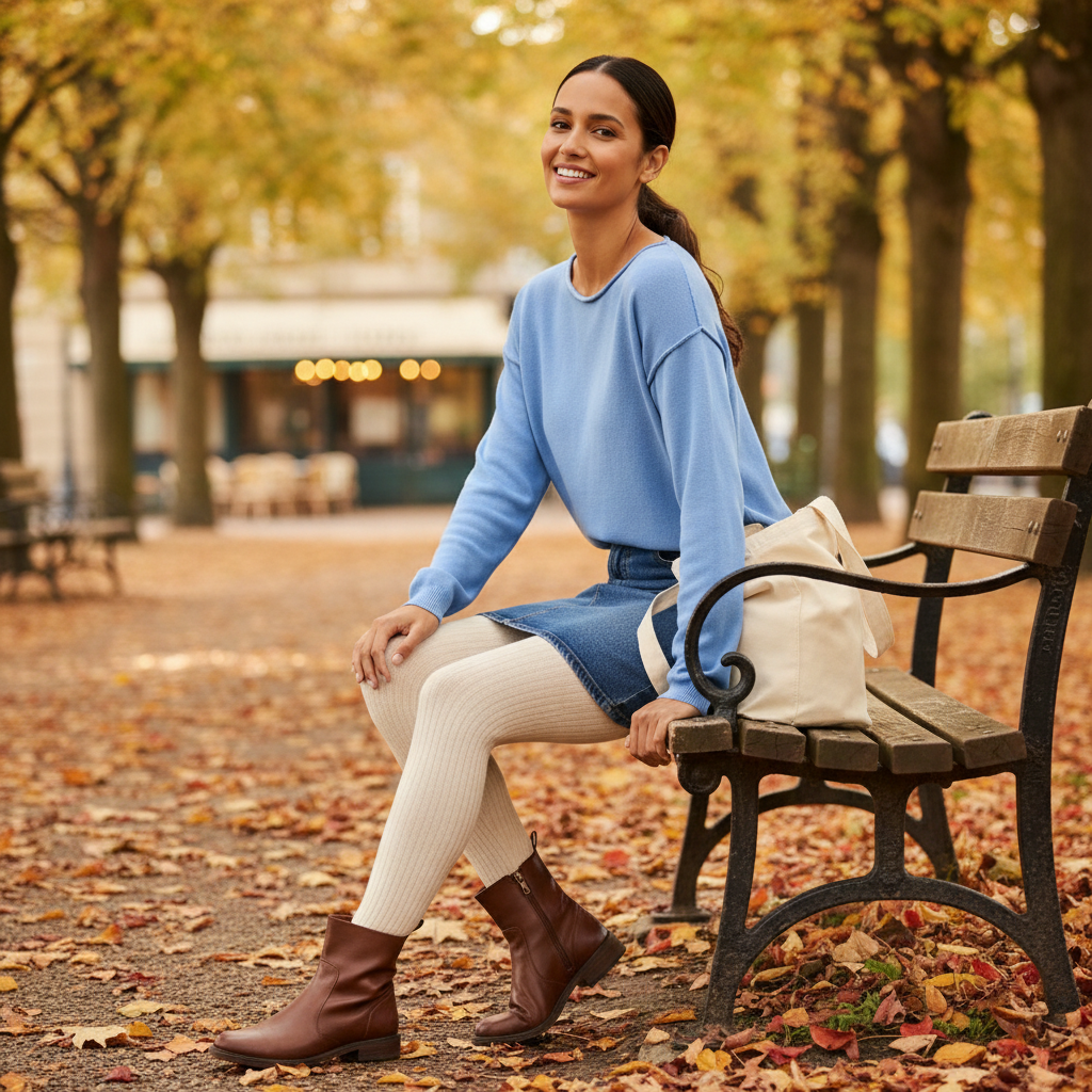 Feinstrickpullover in Creme zu herbstlichem Denim