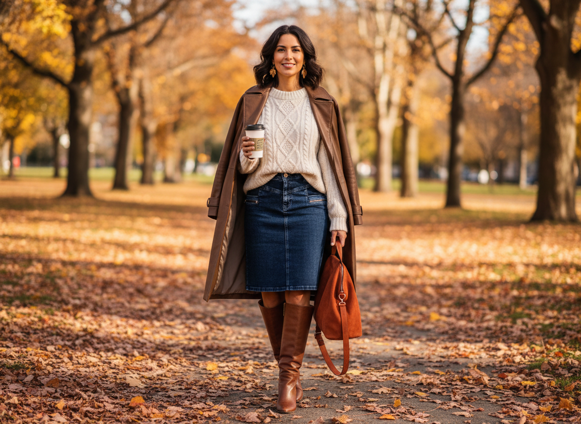 Herbstlicher City-Look mit Jeansrock, Strickoberteil und warmen Farbtönen