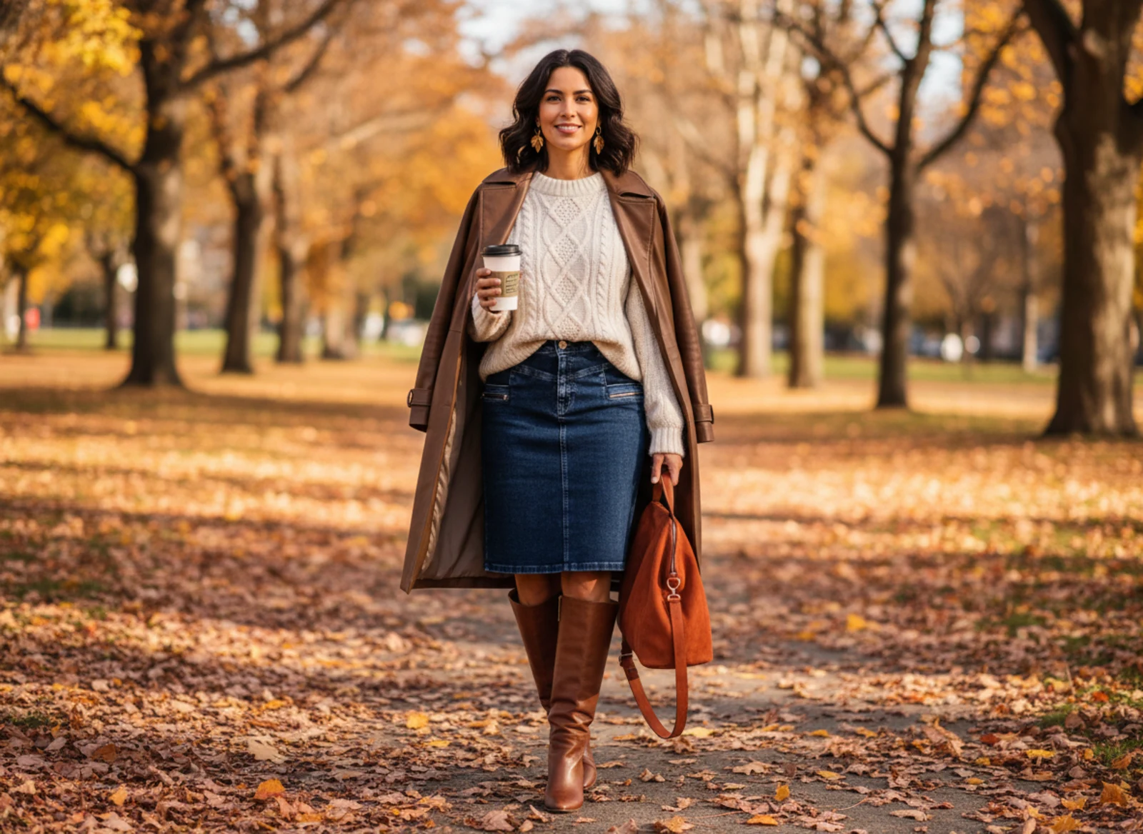 Herbstlicher City-Look mit Jeansrock, Strickoberteil und warmen Farbtönen Herbstlicher City-Look mit Jeansrock, Strickoberteil und warmen Farbtönen