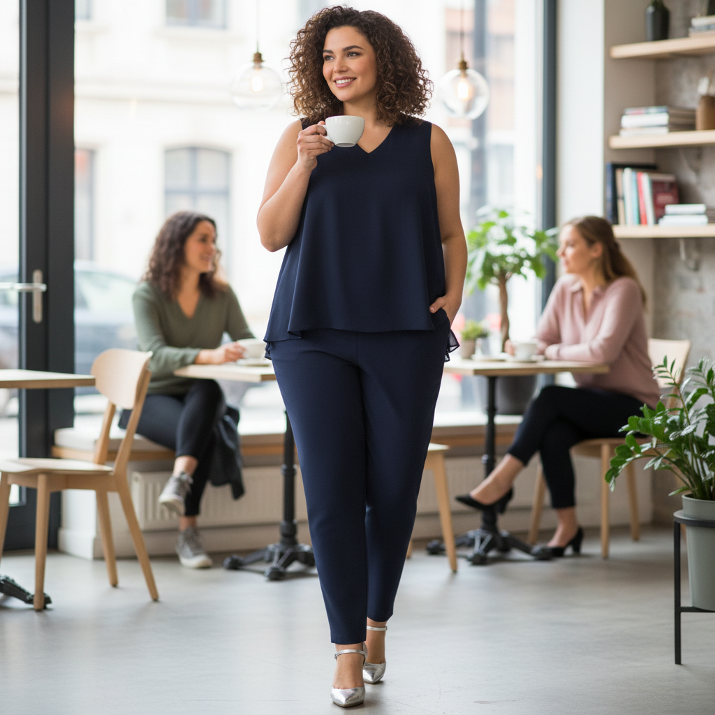 Festlicher Jumpsuit bei einer Feier mit gedeckter Tafel, Blazer über den Schultern und eleganten Pumps