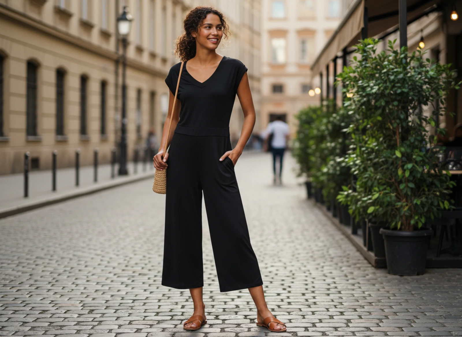Selbstbewusste Frau in einem fließenden Jumpsuit in elegantem Ambiente zwischen Tageslicht, Spiegel und stilvollen Accessoires Selbstbewusste Frau in einem fließenden Jumpsuit in elegantem Ambiente zwischen Tageslicht, Spiegel und stilvollen Accessoires